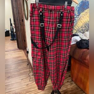 Hot Topic Red Plaid Cargo Pants with Suspenders size 7